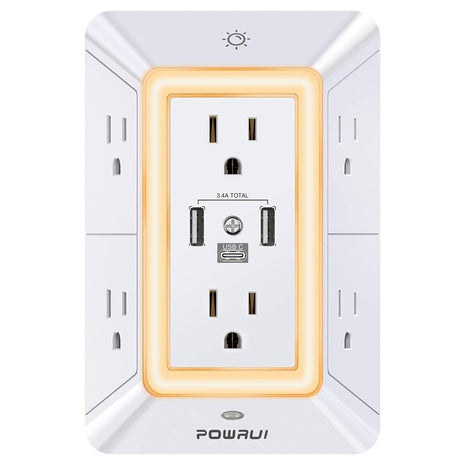 Powrui 6-Outlet Extender Surge Protector Power Strip With 3-USB Ports
