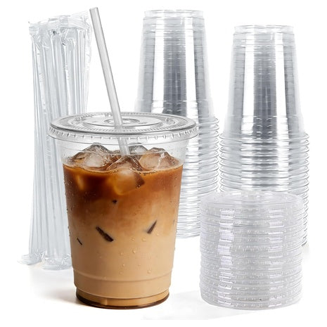 500 12oz Clear Plastic Cups with Lids and Straws