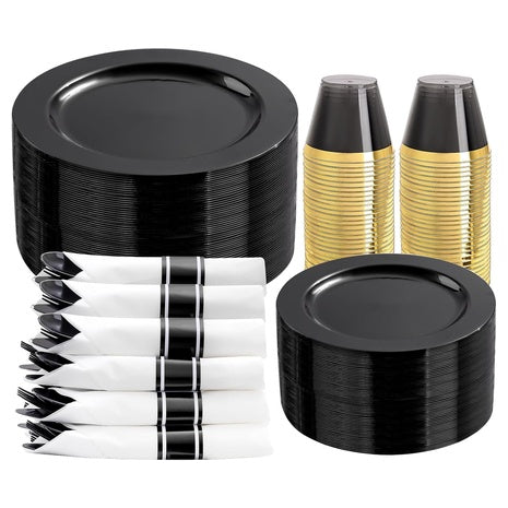 350 Piece Black Plastic Dinnerware Set