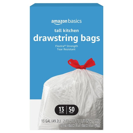 50-Count Amazon Basics Flextra Tall Kitchen Drawstring 13-Gallon Trash Bags