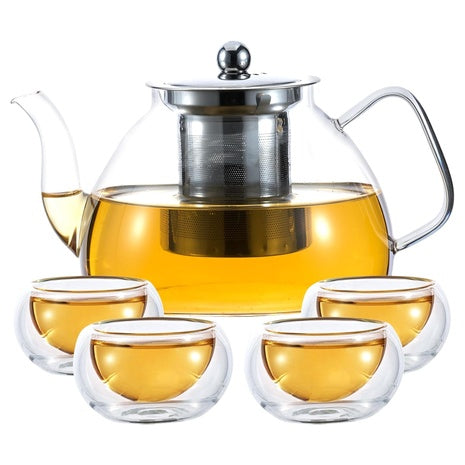 1200ml/40 oz Glass Teapot With 4 Double Wall Teacups
