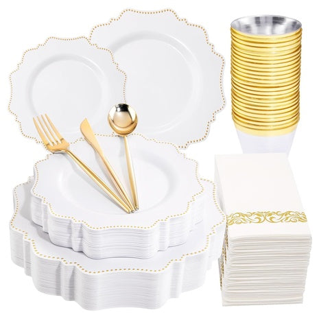 175 Piece Gold & White Disposable Dinnerware Set