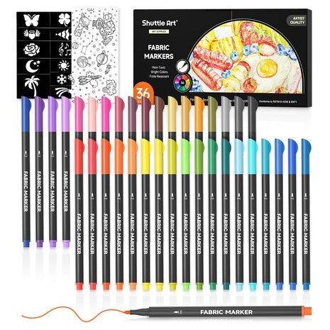36 Colors Fabric Permanent Markers W/ 11 Stencils 1 Fabric Sheet