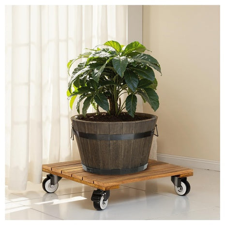 2-Pack 12" Acacia Wood Plant Caddy With Wheels