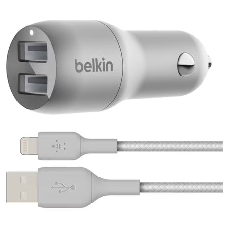 Belkin BOOSTCHARGE 24W Dual USB-A Car Charger W/ Braided Lightning Cable
