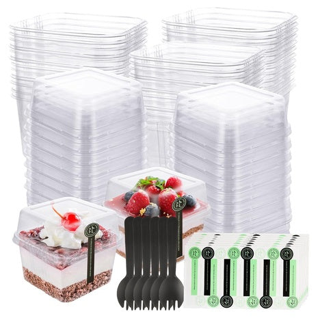 100-Pack of 8 oz Square Dessert Cups with Lids & Sporks