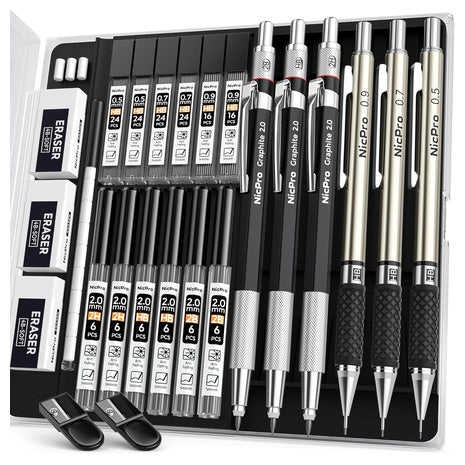 6-Piece Nicpro Art Mechanical Pencil Set W/ 12-Lead Refills Case