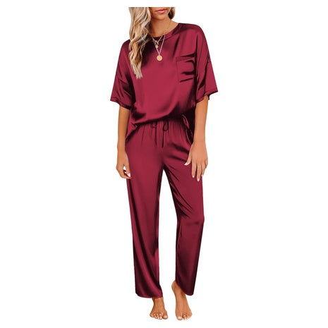 2-Piece Ekouaer Women's Satin Silky Short Sleeve Shirt w/ Long Pajama Pant