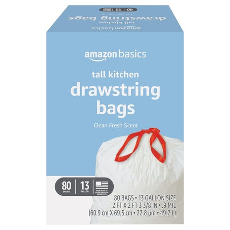 80-Count Amazon Basics Tall Kitchen Drawstring Clean Fresh Scent 13-Gallon Trash Bags