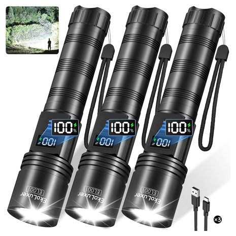 3-Pack Tughlax 5-Mode Rechargeable Flashlights W/ LCD Digital Display