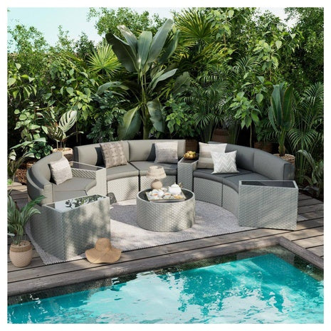 ELPOSUN 6-Person 11-Piece Wicker Curved Half-Moon Patio Conversation Set