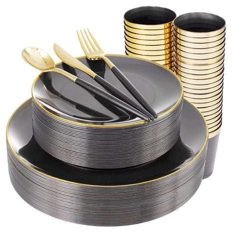180-Piece Black and Gold Plastic Dinnerware Set