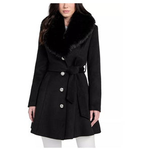 Guess Women's Belted Faux-Fur-Collar Button-Front Coat