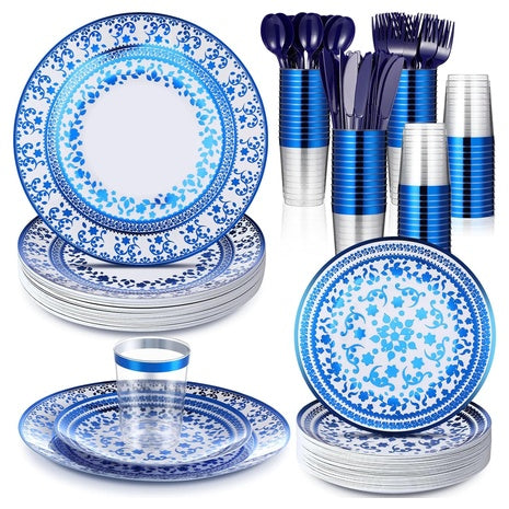 150 Piece Blue and White Floral Disposable Dinnerware Set