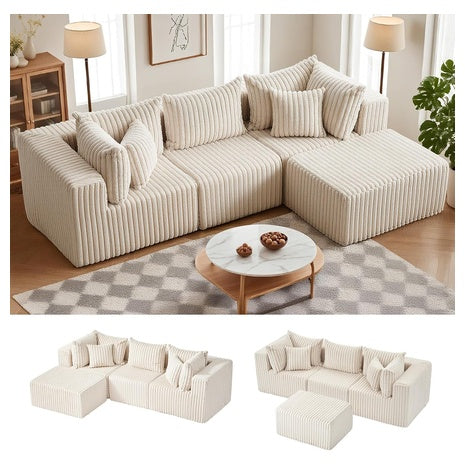 104'' L-Shaped Modular Corduroy Cloud Couch Sofa With Deep Seats