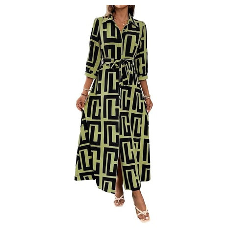 Women's Geometric Print Shirt Maxi Dress W/ 3/4 Sleeves & Belt