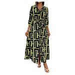 Women's Geometric Print Shirt Maxi Dress W/ 3/4 Sleeves & Belt
