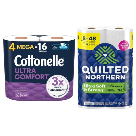 12 Mega (=48 Reg) Rolls Of Cottonelle Toilet Paper + 24 Super Mega (= 144 Reg) Rolls Quilted Northern Toilet Paper