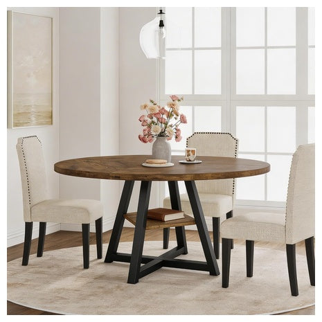 47" Wooden Round Dining Table For 4-6 People