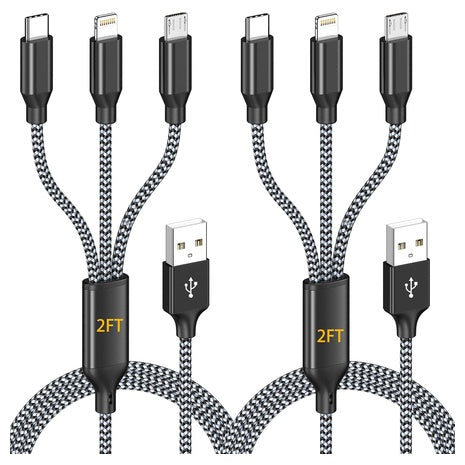 2-Pack MFi Certified 3-in-1 Nylon Braided Multi Charging Cables