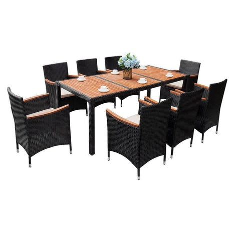 9-Piece Tozey Acacia And Wicker Outdoor Dining Set With Beige Cushions