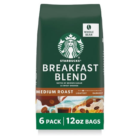 6 Bags Starbucks Breakfast Blend Medium Roast Whole Coffee Beans