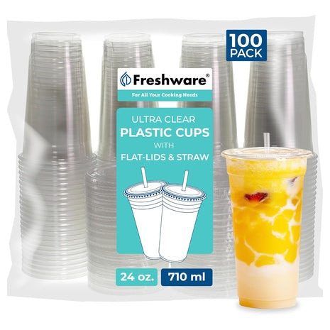 100 24oz Plastic Cups with Lids & Straws