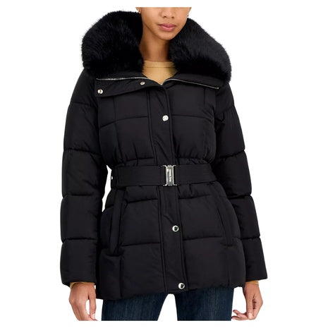 Michael Kors Women's Belted Hooded Faux Fur Collar Puffer Coat