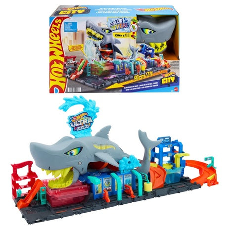 Hot Wheels City Ultra Shark Car Wash Track Set
