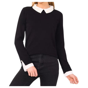 CeCe Women's Long Sleeve Woven Collar Neck Pullover Sweater