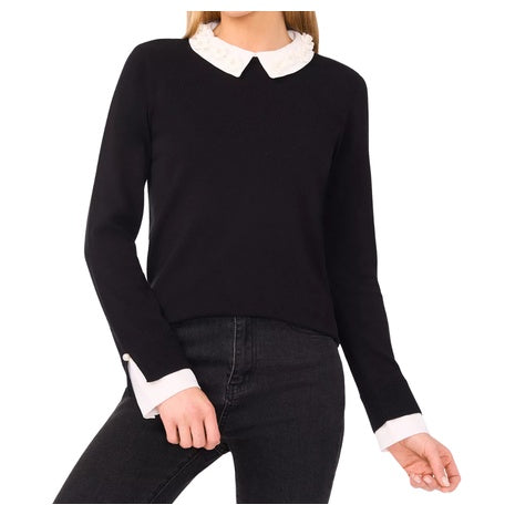 CeCe Women's Long Sleeve Woven Collar Neck Pullover Sweater