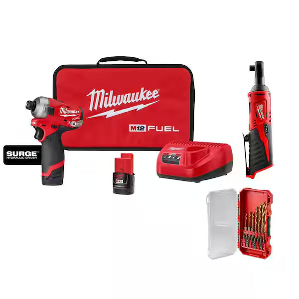 Milwaukee M12 FUEL SURGE 12V 1/4" Hex Impact Kit W/ 2x 2Ah Batteries, 3/8" Ratchet
