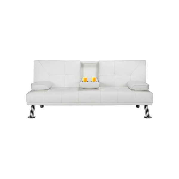 Modern Faux Leather Futon with Cupholders and Pillows (3 Colors)