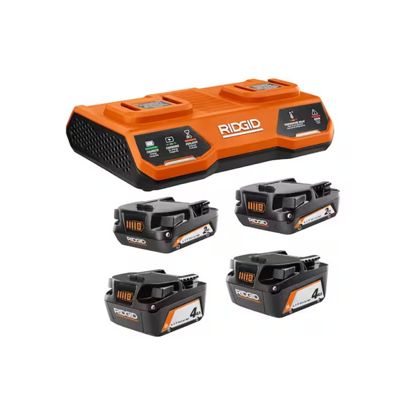 Ridgid 18V Dual Port Simultaneous Charger w/ 2x 2.0 Ah & 2x 4.0 Ah Batteries