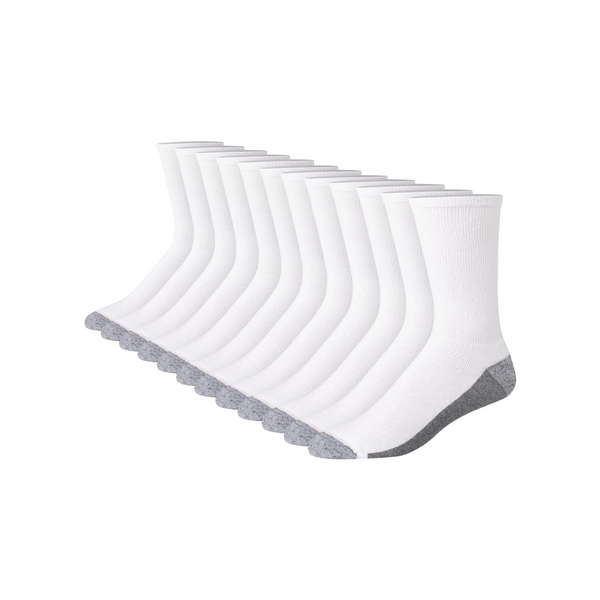 12-Pack Hanes Men's Max Cushioned Crew Socks (White/Grey Foot Bottom)