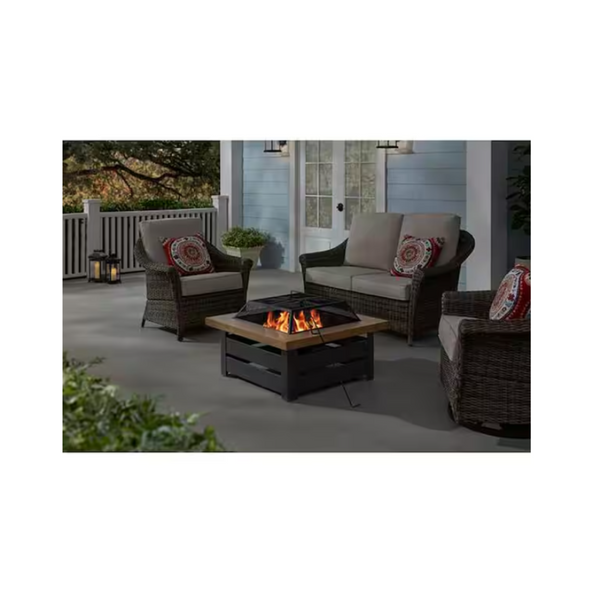 Hampton Bay Stoneham 34 in. x 15.5 in. Square Steel Black Wood Fire Pit