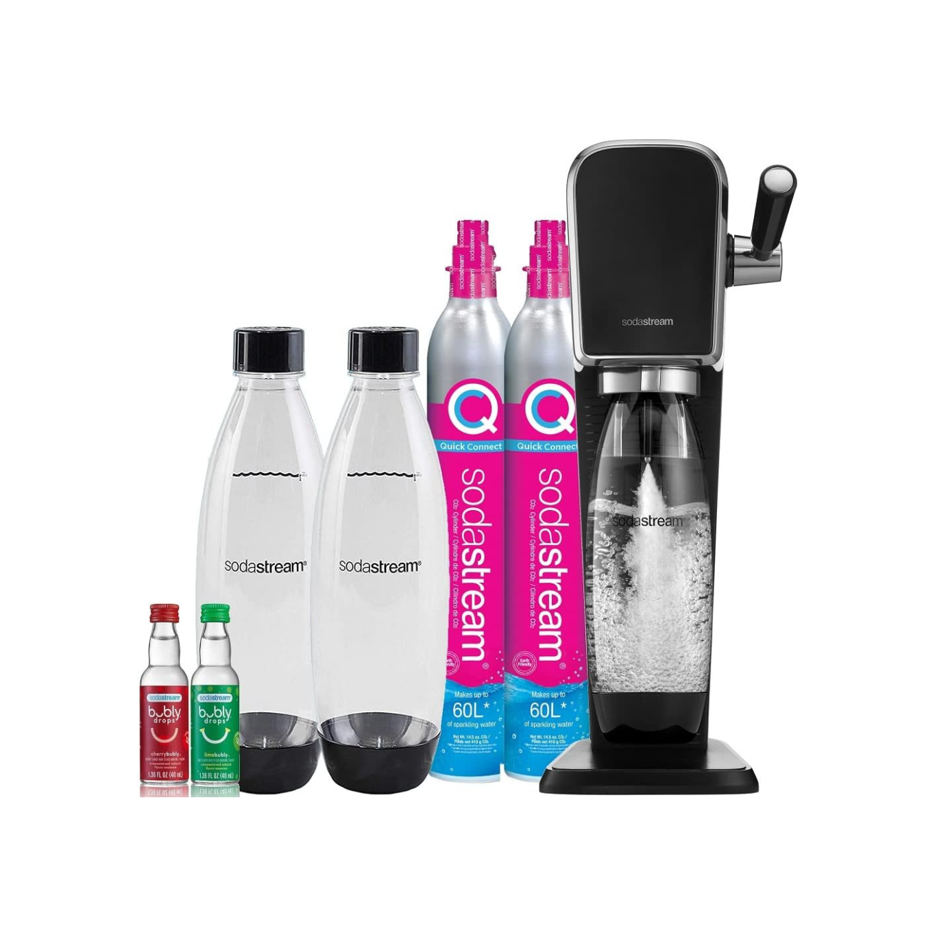 SodaStream Art Sparkling Water Maker Bundle with CO2, DWS Bottles and Bubly Drops Flavors