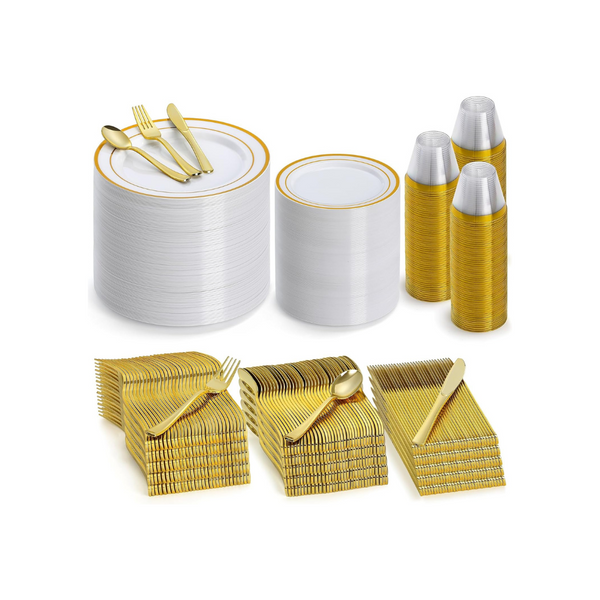 600 Pieces Gold Plastic Dinnerware Set