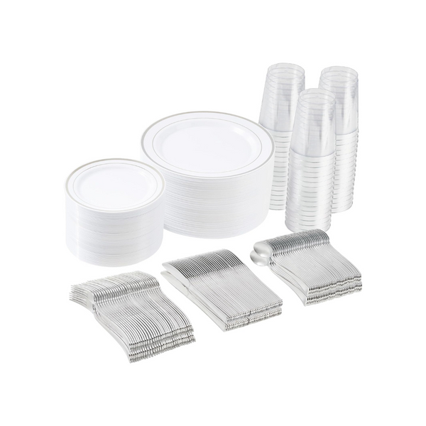 350 Pieces Silver Plastic Dinnerware Set
