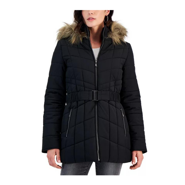 Belted Faux-Fur-Hooded Puffer Coat