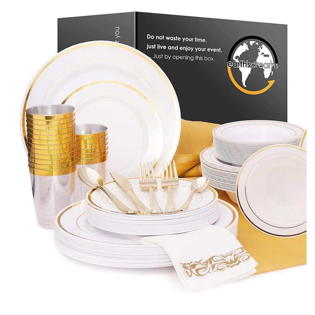 301 Piece Gold Plastic Disposable Dinnerware Set