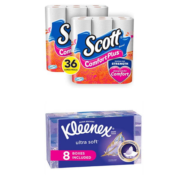 36 rollos grandes de papel higiénico Scott y pañuelos Kleenex a la venta