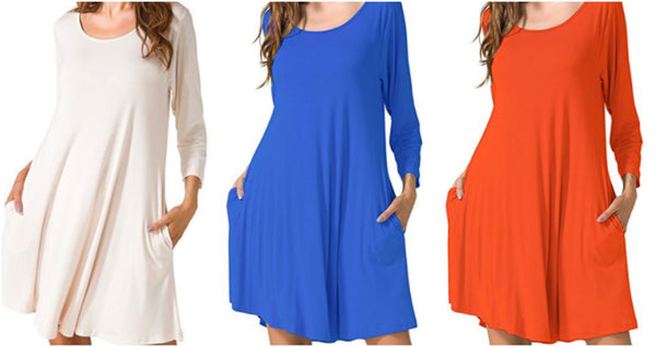 Vestido suelto estilo camiseta con bolsillos y manga 3/4 con vuelo informal para mujer