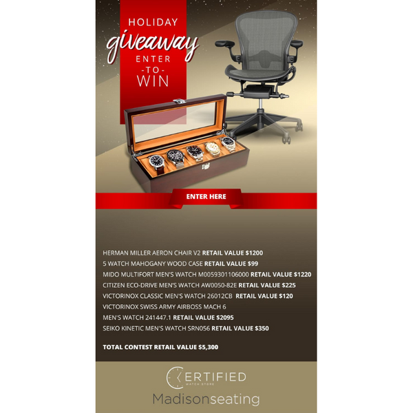 Enter your email for a chance to win $5,300 worth of watches and Herman Miller Aeron Chair from the CertifiedWatchStore.com