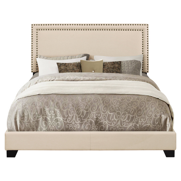 Home Meridian Cream Upholstered Queen Bed with Nail Head Trim