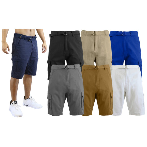 3 Men's Slim Fit Cotton Cargo Shorts With Belt