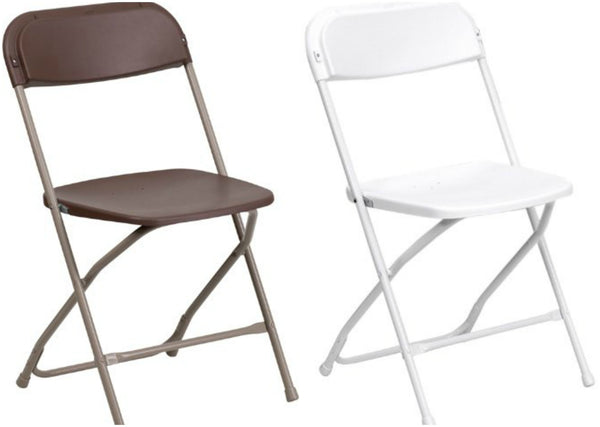 White or brown plastic folding chair