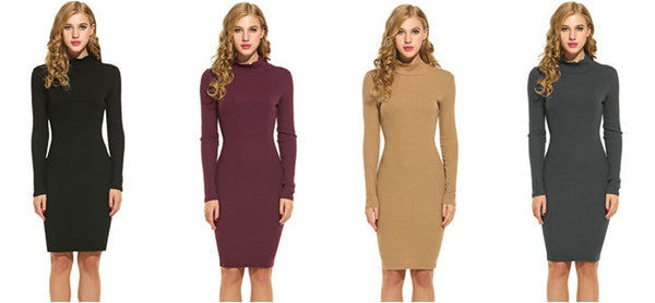 Turtleneck Ribbed Elbow Long Sleeve Knit Sweater Dress
