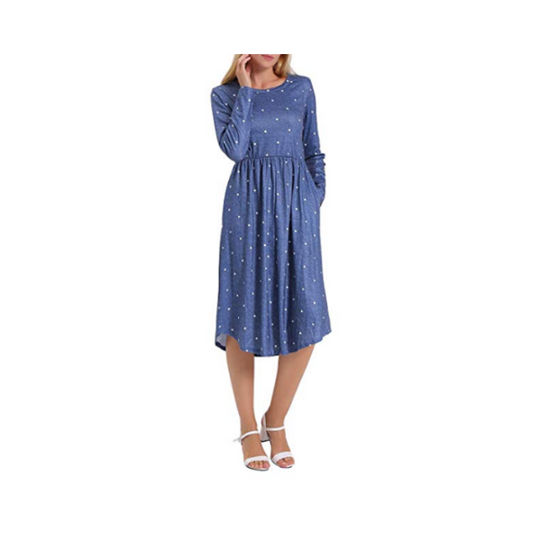 Women's Polka Dot Long Sleeve Pleated Casual Dress with Pockets