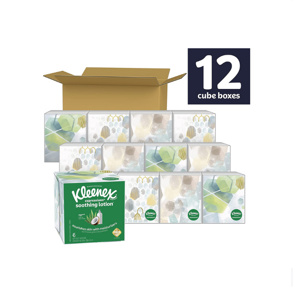 12 cajas cúbicas de pañuelos faciales con loción calmante Kleenex Expressions